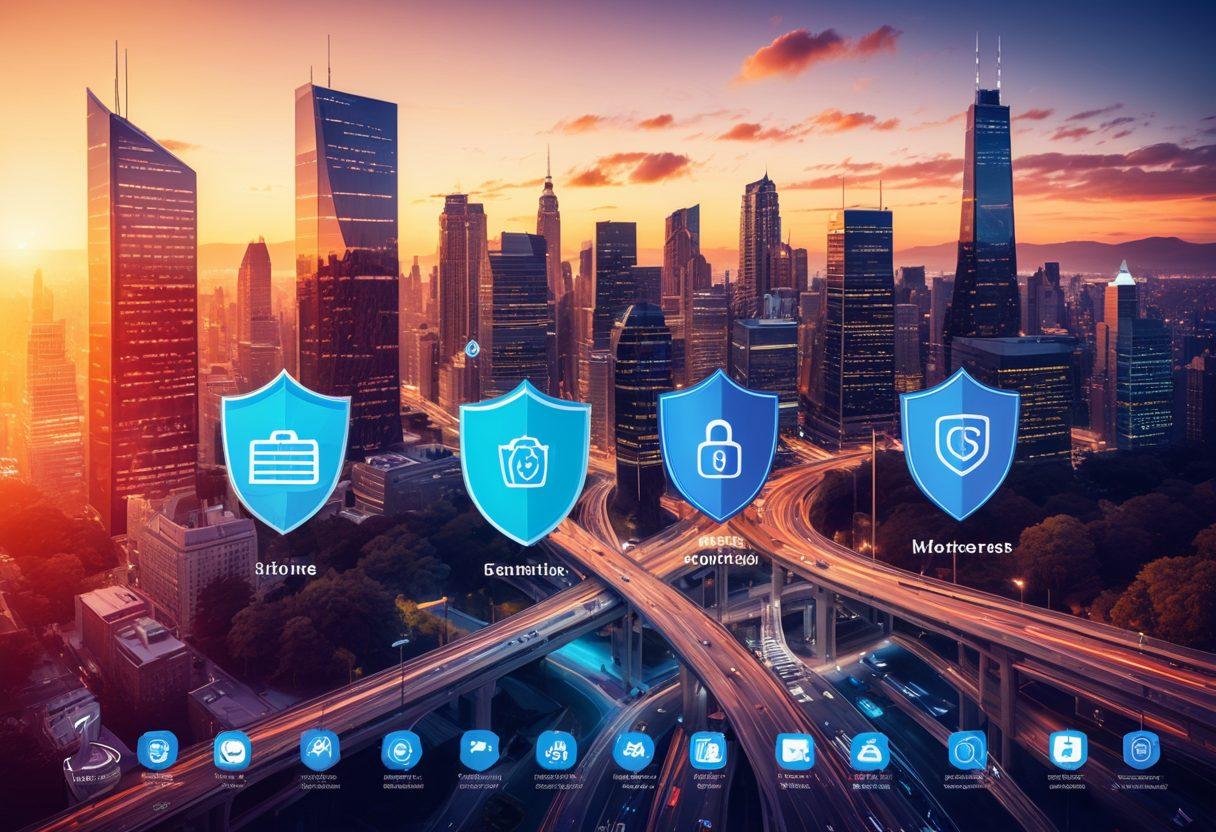 A diverse group of people confidently navigating a digital landscape filled with insurance icons, like shields and checkmarks, while using various devices like smartphones and laptops. The background should feature a blend of city skyline and a digital grid, symbolizing the intersection of technology and protection. Infographic-style elements like easy steps or checklists are subtly integrated into the scene. bright colors. modern flat design.