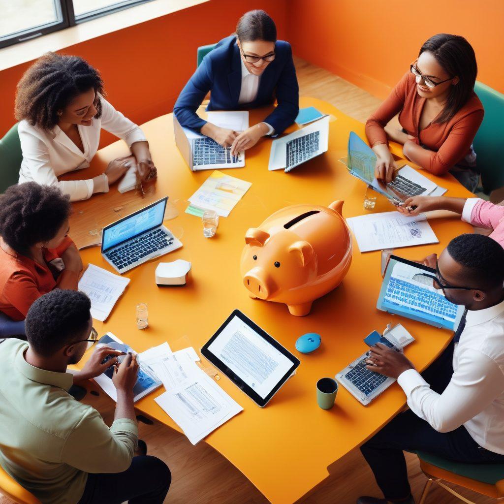 An illustration of a diverse group of people sitting around a table with laptops and calculators, eagerly comparing various insurance quotes displayed on screens. A visual representation of money-saving icons like piggy banks, dollar signs, and checkmarks floating above them, highlighting the idea of maximizing savings. The setting should be bright and inviting, symbolizing expertise and collaboration. vibrant colors. digital art.