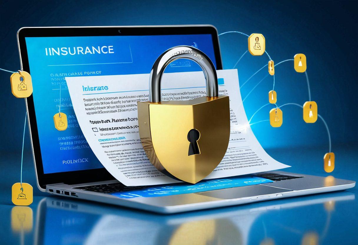 An open padlock with a glowing digital insurance policy document emerging from it, surrounded by symbols of affordability like coins and dollar signs. Include a serene blue background to evoke trust and security, complemented by a modern laptop and smartphone displaying insurance websites. Bright and inviting colors to attract viewers. super-realistic. vibrant colors. digital art.
